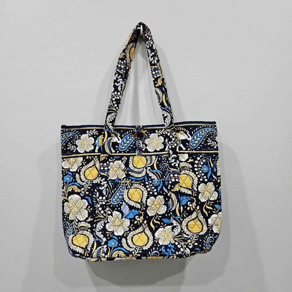 Vera Bradley Quilted Tote Bag Ellie Blue Elephant Floral Pattern Shoulder Purse